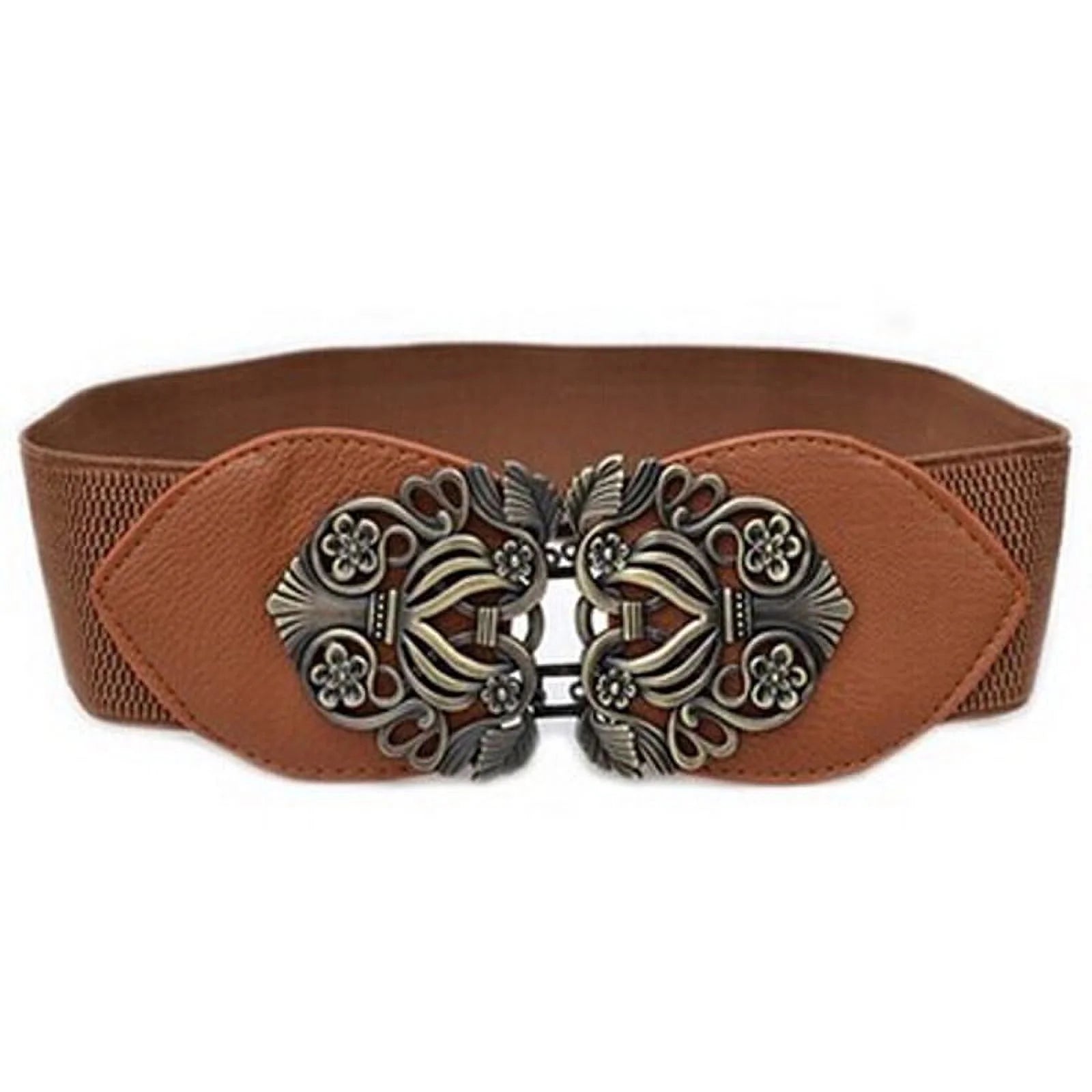 Women Fashion Vintage Wide Elastic Stretch Buckle Waist Belt Waistband Brown